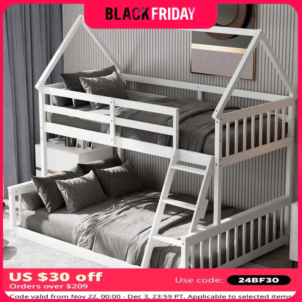 Wood Bunk Bed, with Built in Ladder,with Safety Guardrails, House Bunks Beds Frame, Solid Pine Wood Bunk Bed Frame