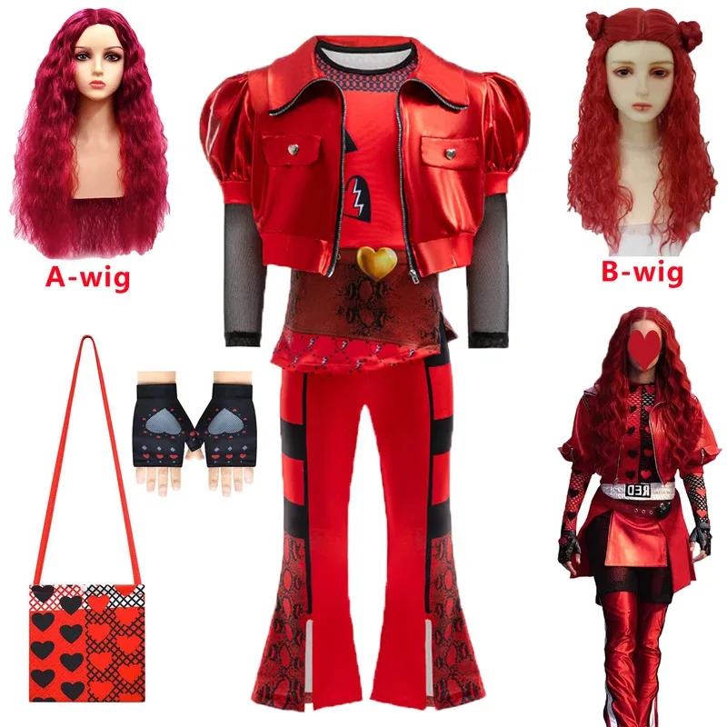 

lHalloween Cosplayl Kids The Rise of Red Costume for Girls D-Descendants Red Cosplay Costume Fantasia Halloween Clothes Wig Part