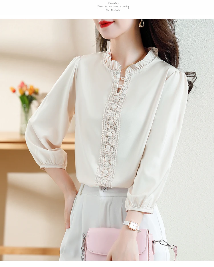 Women Clothing Loose Solid Elegant Chic Button Blouse Office Lady Casual Lace Chiffon Simple Fashion Shirt