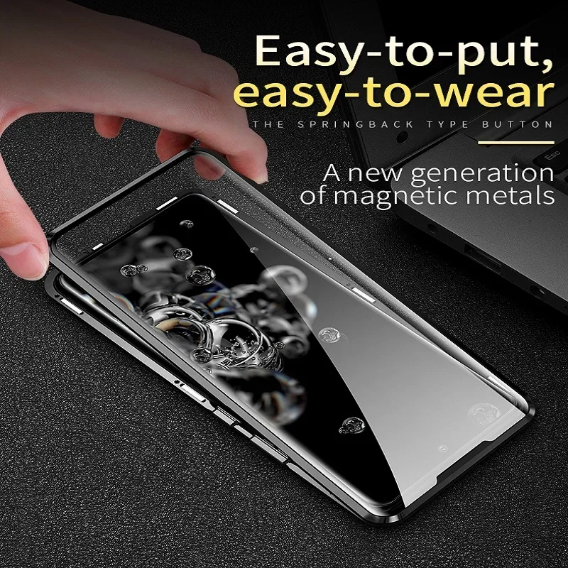 Magnetic Metal Case for Samsung S24 S23 S22 Ultra Samsung A15 A35 A55 Double Side Tempered Glass Cover