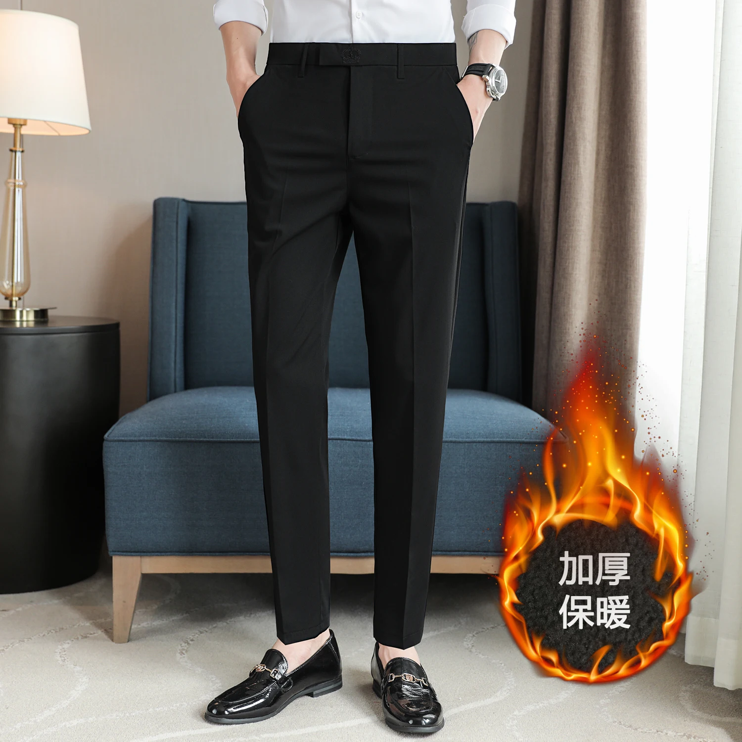 2024 Men Autumn/Winter Thickened and Velvet Warm Pants Fashion Leisure Business Office Slim Fit Pants Solid Color Classic Pants