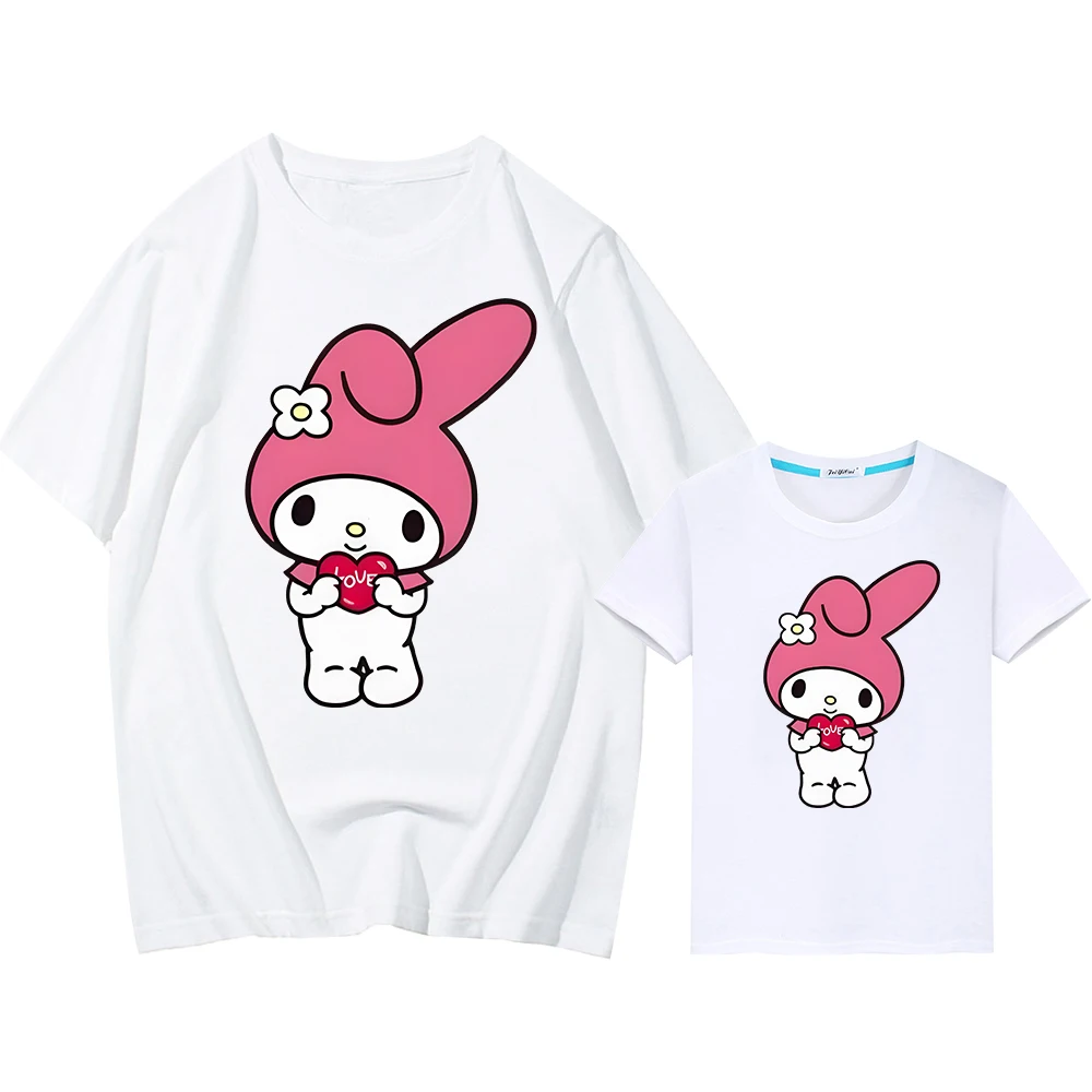 Sanrio Print Matching Clothes for Kids, camiseta curta para mamãe e filha, 100% algodão, tops fofos para meninos e meninas, presente anime, Y2K, verão