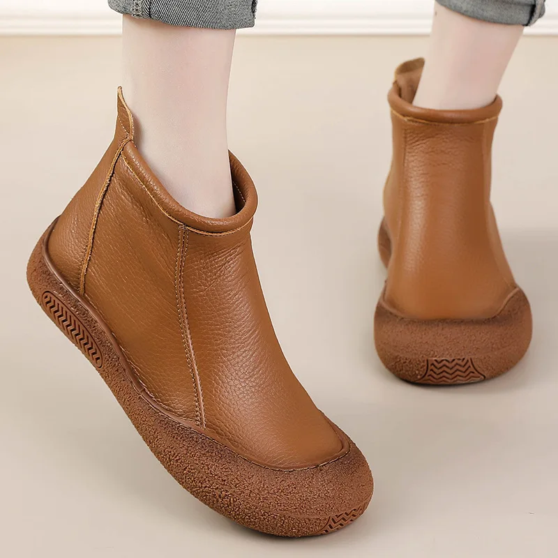 Leather Flats Women Ankle Boots Designer Retro Zipper Shoes 2026 Trend New Brand Soft Oxford Shoes Cozy Winter Botas De Mujer