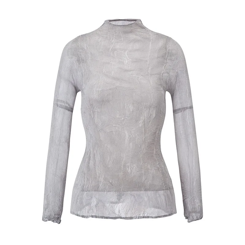Pleated Top 2026 New Long Sleeve Transparent Base Shirt Lace Stretch Lightweight T-Shirt Women's Casual Elegant Clothing