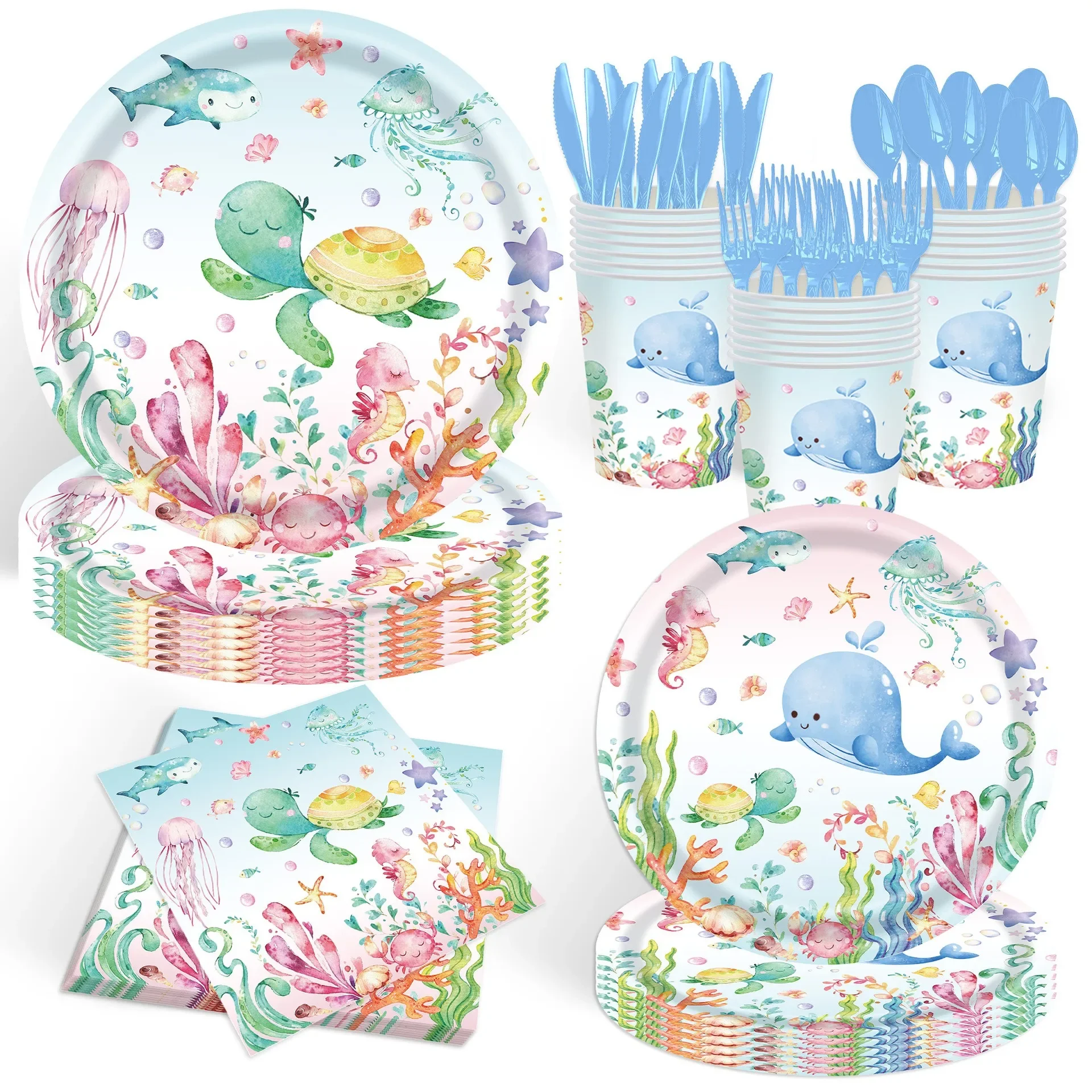 Ocean Animals Theme Disposable Tableware Whale Turtle Jellyfish Plates Cups Napkins Under The Sea Happy Birthday Party Decor