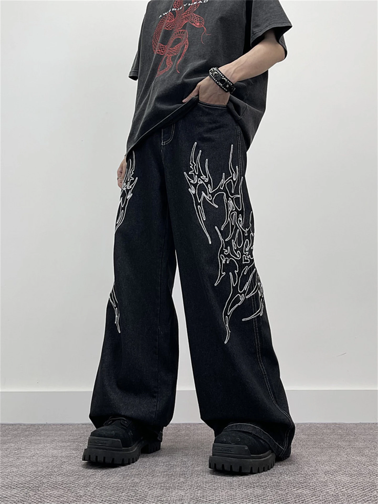 Calças Jeans Americanas Bordadas de Perna Larga Estilo Hip Hop Solto e Reto com Efeito Emagrecedor para Homens e Mulheres