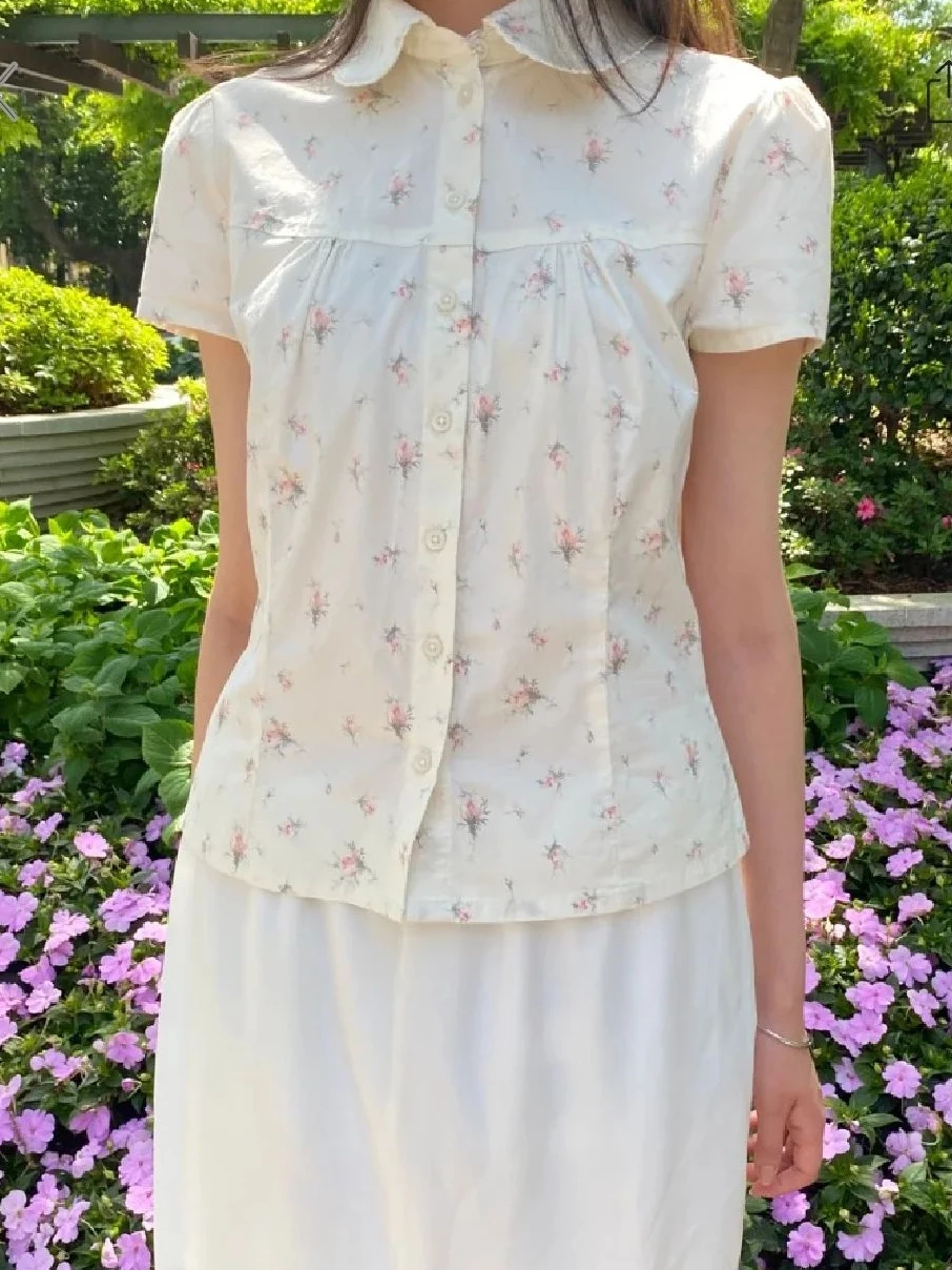 Pink Floral Slim T-Shirt Blouse Woman Summer Lace Trim Peter pan Collar Single Breasted Short Sleeve Tees Sweet Cotton Tshirts