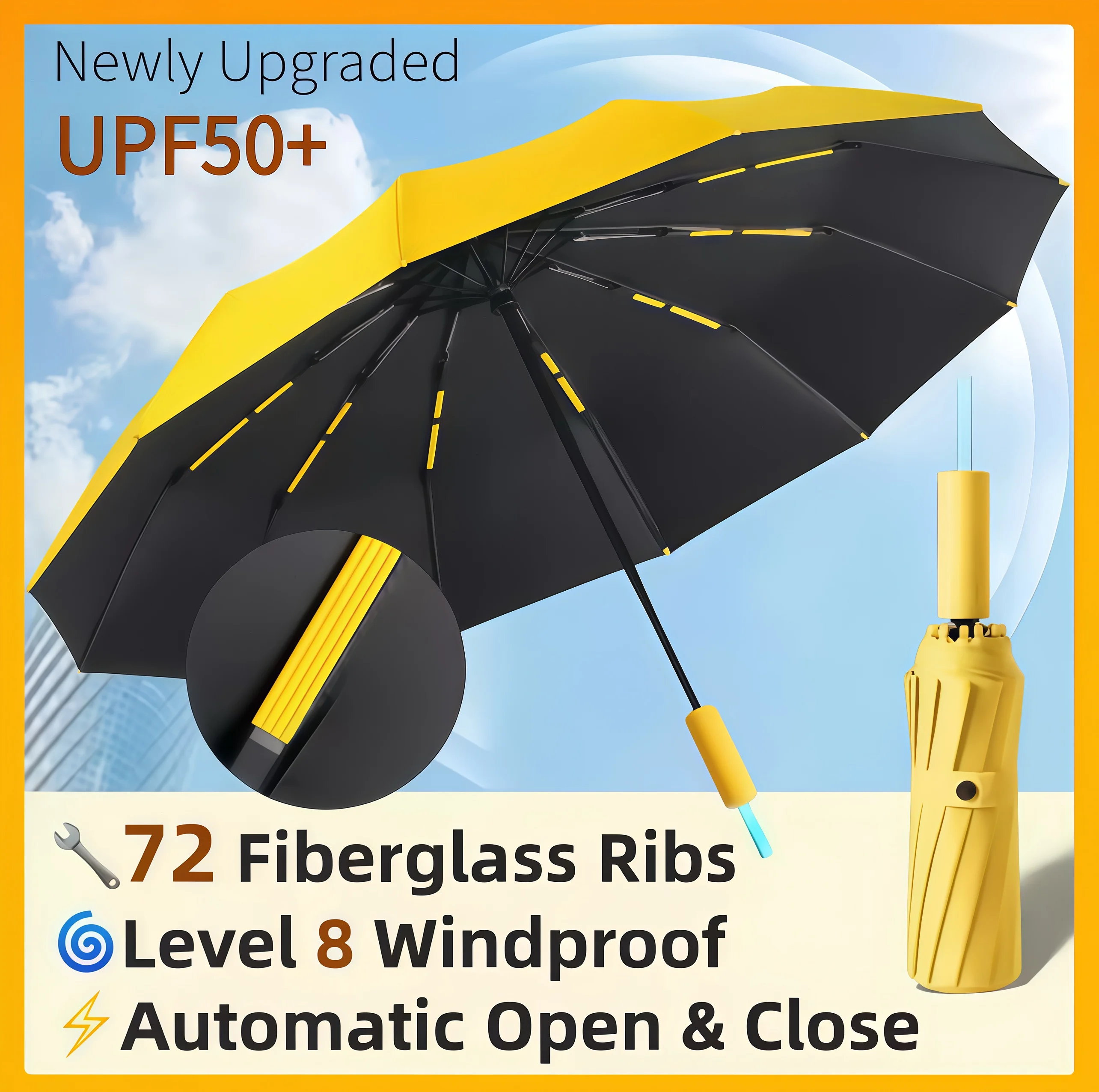 

Windproof Strong 72 Reinforced Fiberglass Rib Full Automatic Folding Umbrella, UV 50+Male and Female Sunscreen Large Umbrella