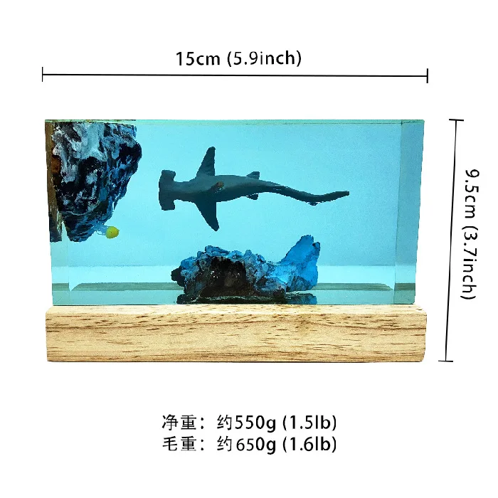 Resin Hammerhead Shark Jellyfish Ocean Night Light, Wood Base Mood Lamp Christmas Gift