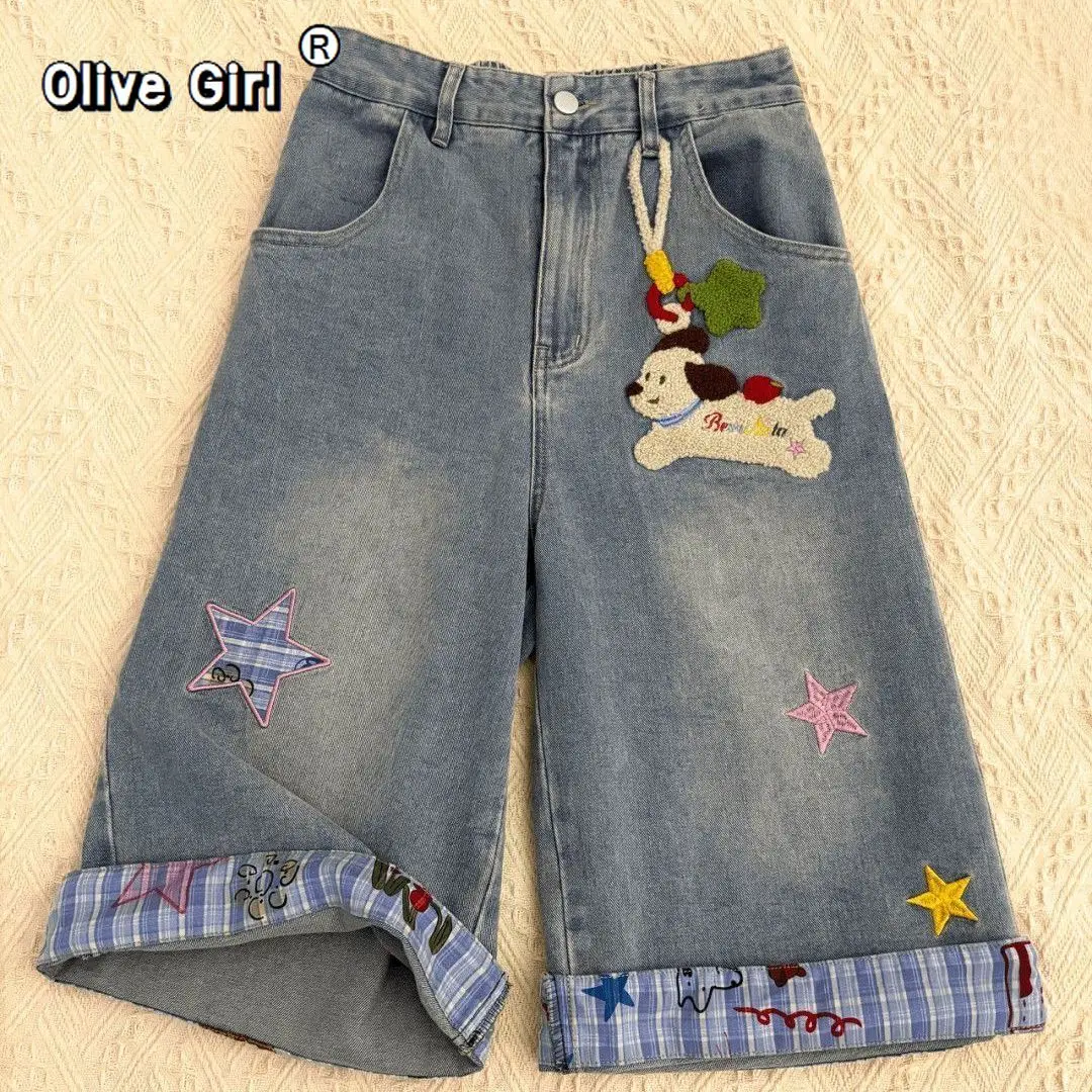 Olivegirl American Jeans Retro Towel Embroidery Puppy Star Fringed Plaid Denim Shorts Lazy Academic Flared Seven-Eighths Pants