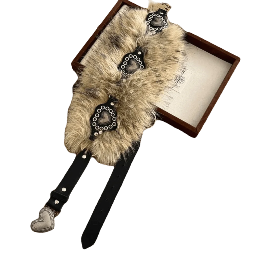 خمر فتاة حار نمط الجلود الفراء حزام الرجعية الشرير فروي زنار الجينز ديكور تنوعا Y2K أفخم حزام خصر يوميا