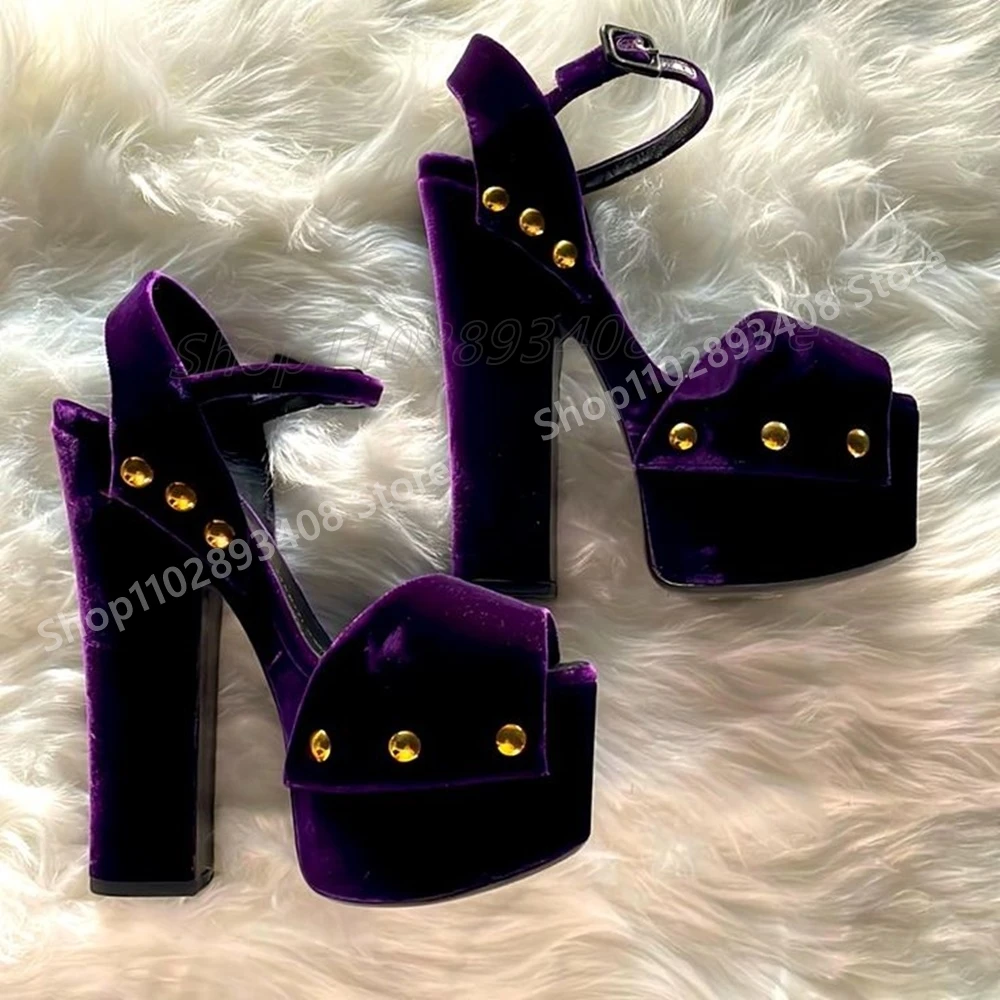 

Purple Suede Peep Toe Round Rivets Sandals Platform Buckle Chunky High Heel Fashion 2025 Sexy Women Shoes Summer Para Mujere