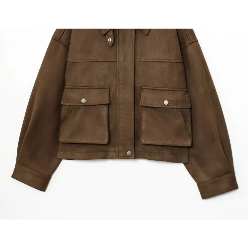 Giacca bomber in pelle da donna con tasca con cerniera Giacca corta autunnale a maniche lunghe con colletto rovesciato Giacca femminile causale