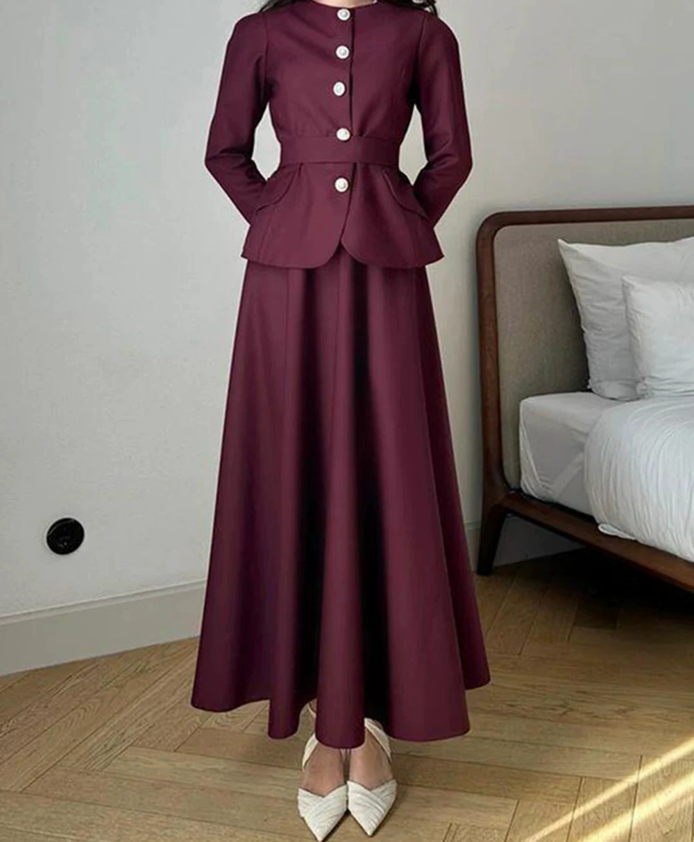 

2025 autumn new Vietnamese style solid color round neck single-breasted design slim fit top with skirt suit-GZXX901