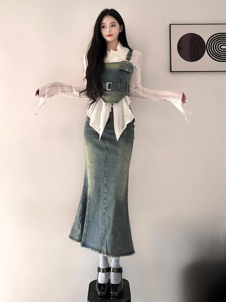 

Уникальная и шикарная джинсовая рубашка-бретелька с высокой талией, утягивающая полуюбка, комплект из трех предметов, ретро-наряд с бахромой для женщин