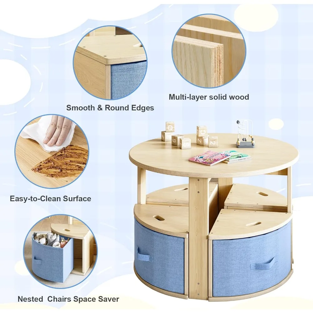 Table and Chair Set, Round Kids Table and Chairs with Nesting Design, Wooden Activity Table & 4 Storage Drawers Chairs