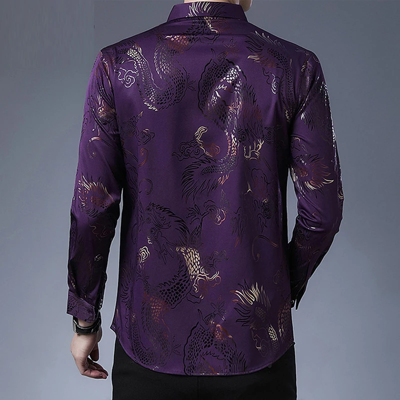 Men Vintage Chinese Style Dragon Graphic Print Shirts Business Casual Long Sleeve Slim Tops Spring Autumn Camisas De Hombre 2023