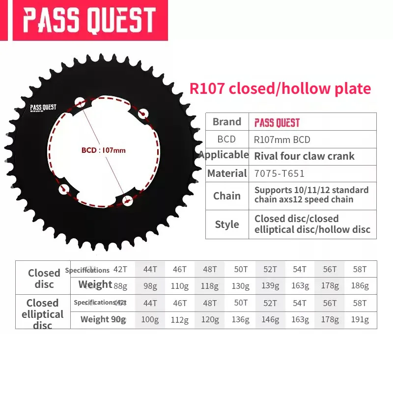Звездочка PASS QUEST 107BCD для шатунов SRAM Rival 4 Bolt 1x AXS 12 скоростей круглая/овальная узкая/широкая