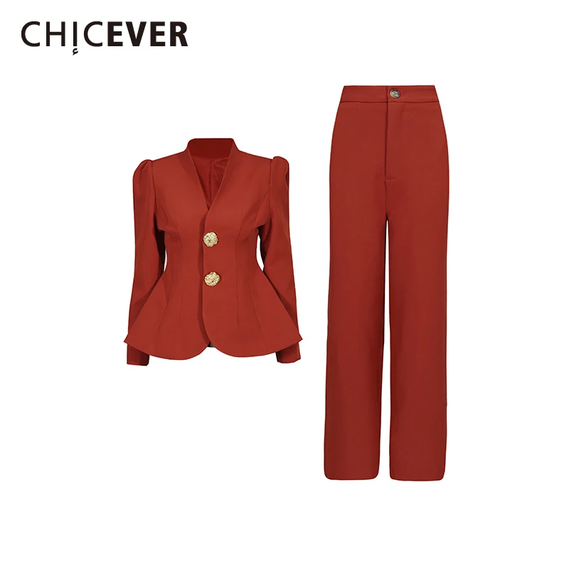 

CHICEVER однотонный комплект из двух предметов на пуговицах, женская куртка с v-образным вырезом и длинными рукавами, офисные женские брючные комплекты, осенняя мода