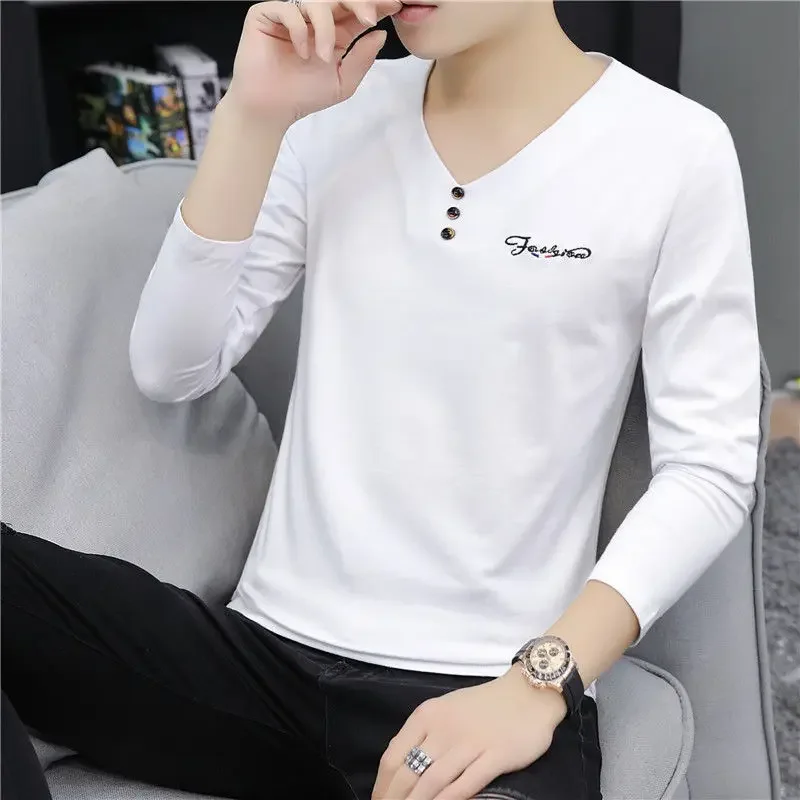 Male Pullover Plain V Neck Tight Slim Fit Unicolor Sweatshirt Tops Tee Xl Bulk New High Quality Quotes Original Men's T-shirts