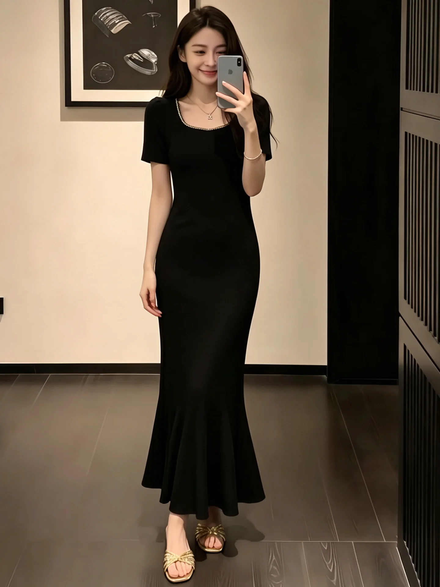 Elegant Black Dress Women's Summer Fashion Waist-Cinched Party Sweet-and-Spicy Fish-Tail  Dress French Style Polyester Fiber