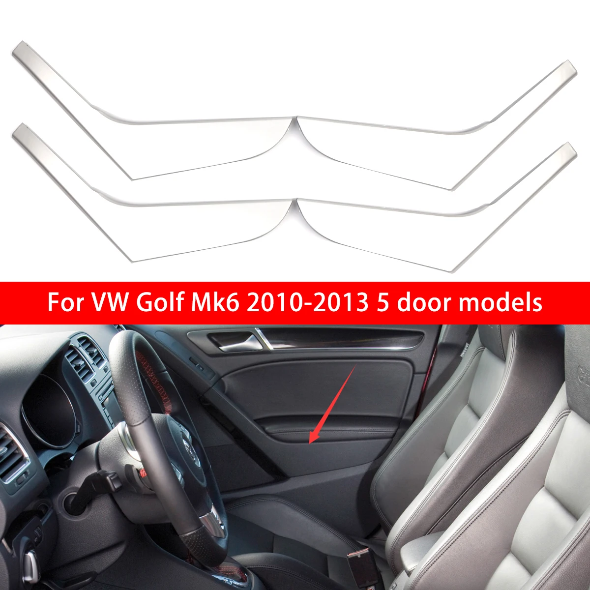 

Silver Car Interior Door Armrest Handle Strips Cover For VW Volkswagen GOLF 6 Mk6 2009-2013 5K4868039A 5K4868040A