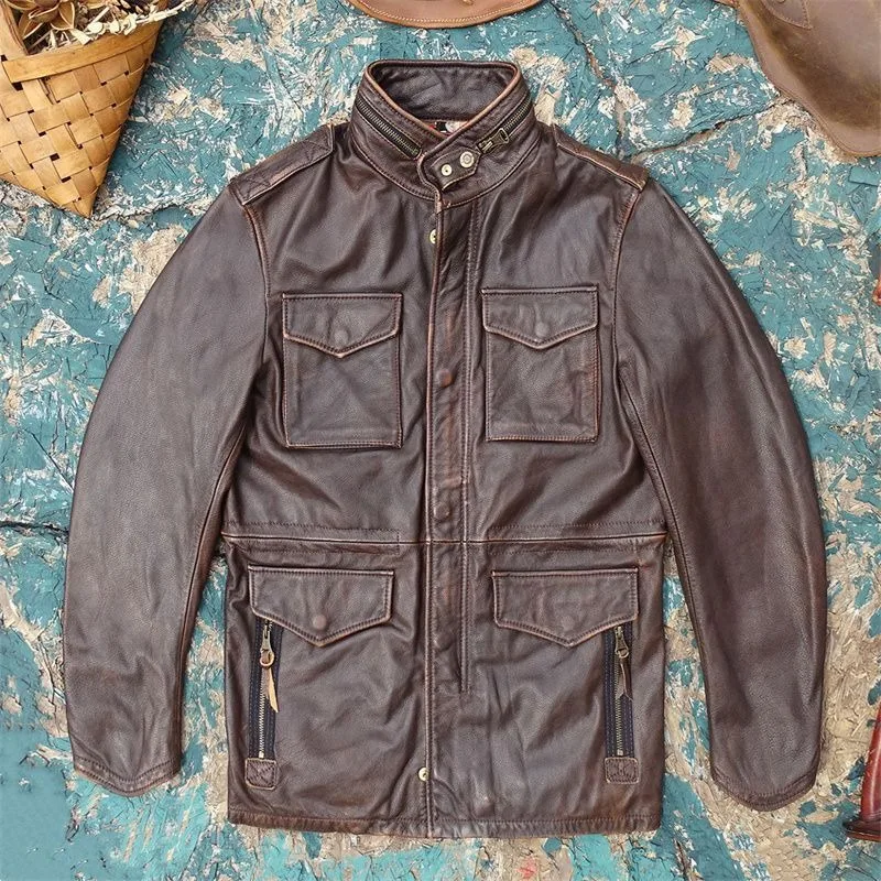Multi Pocket Field Coat Euro Style Retro Motorcycle Bomber Jacket New Men's Genuine Leather M65 Jacket Vintage Tea Core Pull-Up