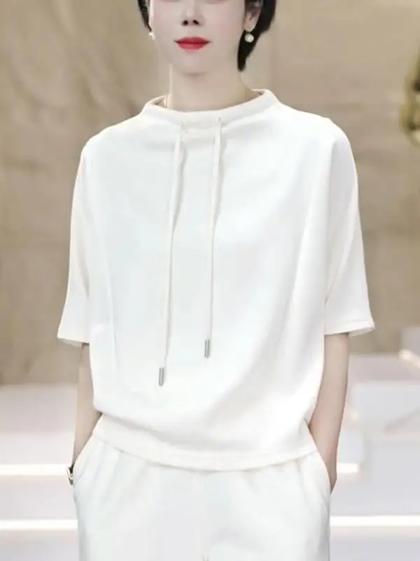 

Женская свободная толстовка с коротким рукавом и воротником-стойкой, белая футболка, летний модный стиль, комфортная, с эффектом похудения