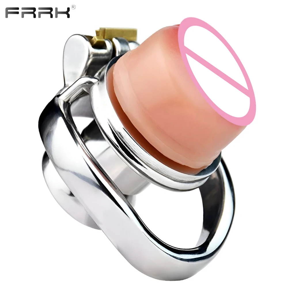 FRRK Flat Chastity Cage Men with Metal Urethral Catheter for Couple Steel Penis Rings Bondage Femboy Silicone Clitoris BDSM Toys