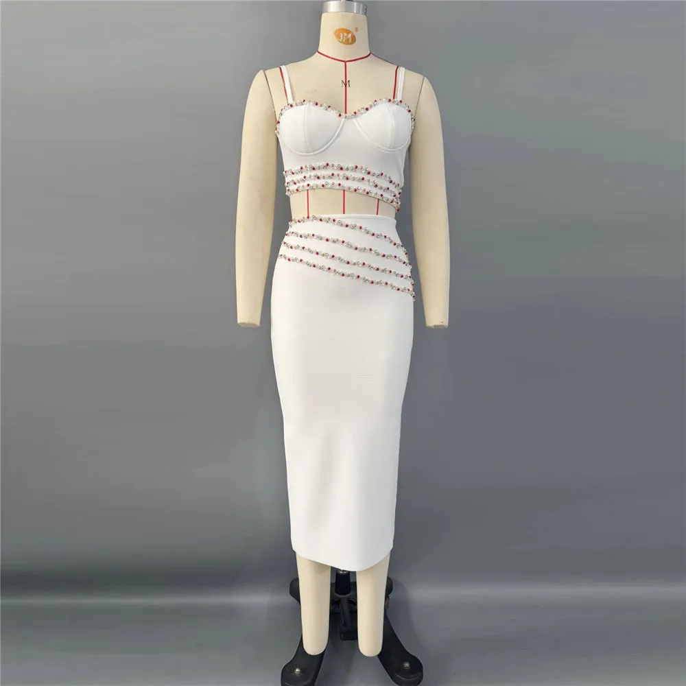New sexy nail bead diamond bandage set with suspender top, mid length skirt, party dress two-piece set, sexy dress, ball dress