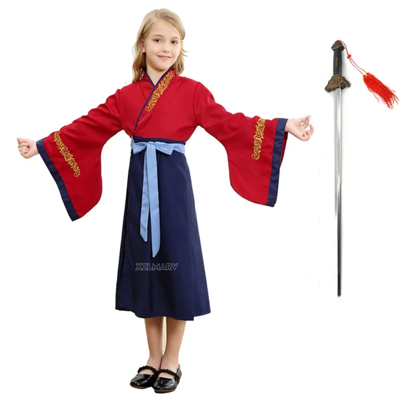 Halloween Girls Hua Mulan Costume with Sword Children Cute Girl Princess Cosplay Mulan Dress Kids Chinese Traditional Clothing