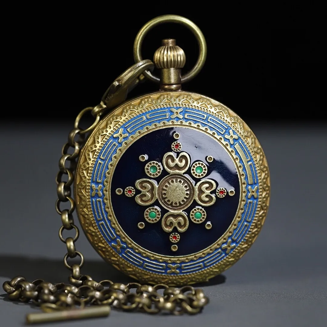 

Mechanical Clock Horologe Bronze Cloisonne Double Open Mechanical Pocket Watch
