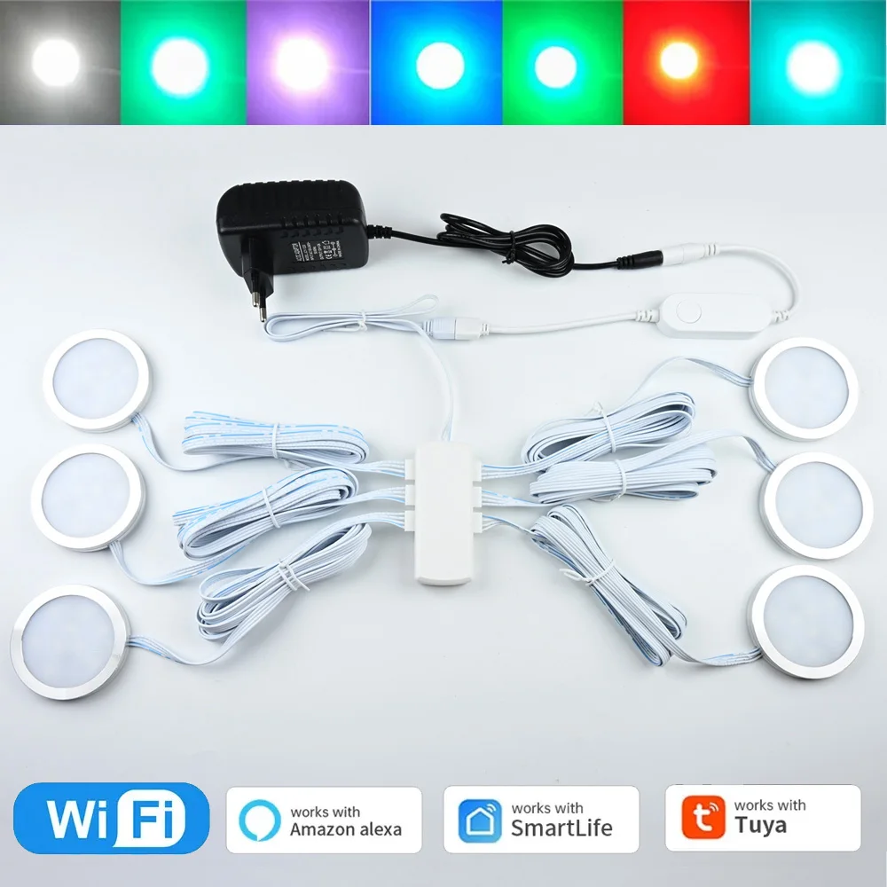 led rgb redondo sob a luz do armario do armario lampadas de armario regulaveis moveis wifi controle de voz do aplicativo smart life assistente do google 2 9 pcs 01