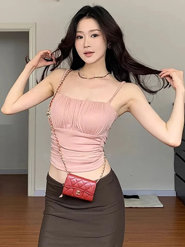 Pink Pleated Strap Vest Women's Outerwear Summer Beautiful Back Bra Integrated Chest Pad Tube Top Underwear Base Shirt