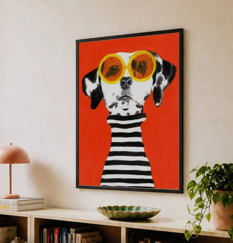 Fun Dalmatian Dog Wall Art, Spotted Puppy with Yellow Sunglasses Canvas, Bold Red Background Animal Decor