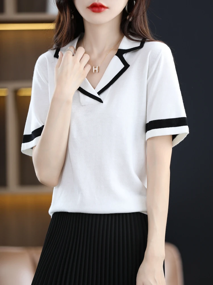 Summer New Worsted Mercerized Wool Short Sleeved T-shirt High-end Suit Collar Small Fragrant Knit Pullover Top