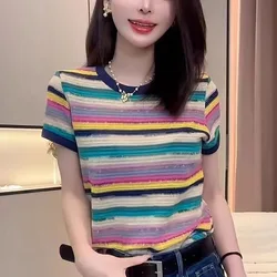 European 2024 Summer New Women's Contrast Color Crew Neck Color Striped Pullovers Fashion Loose Short Sleeve T-shirt Tops