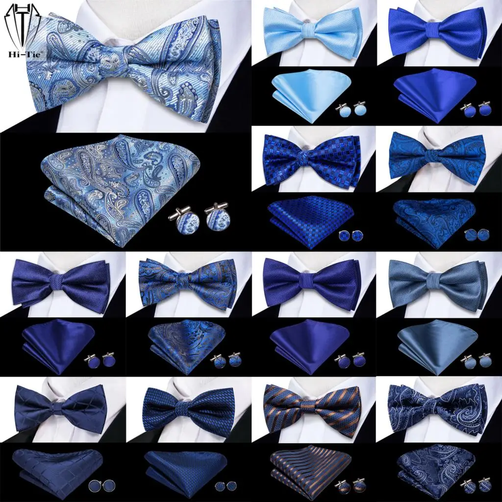 Hi-Tie Navy Royal Sky Blue Silk Mens Bow Tie Hankerchief Cufflinks Set Pre-tied Butterfly Knot Bowtie for Male Wedding Business