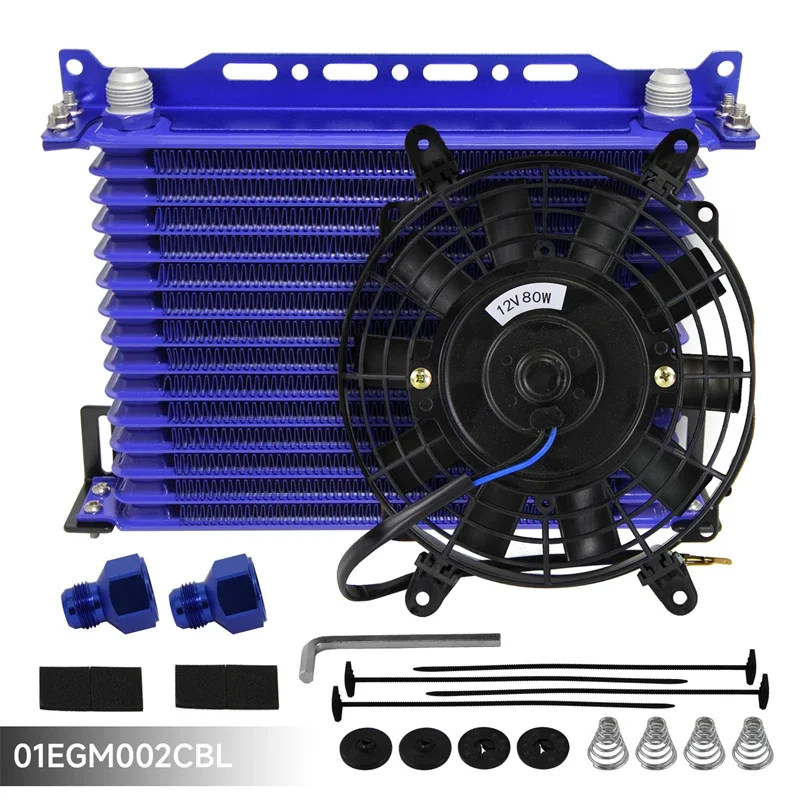 

Универсальный масляный радиатор двигателя, 15 рядов AN10 с фитингами AN10 до AN8, монтажный кронштейн + 7-дюймовый электрический вентилятор, черный/синий