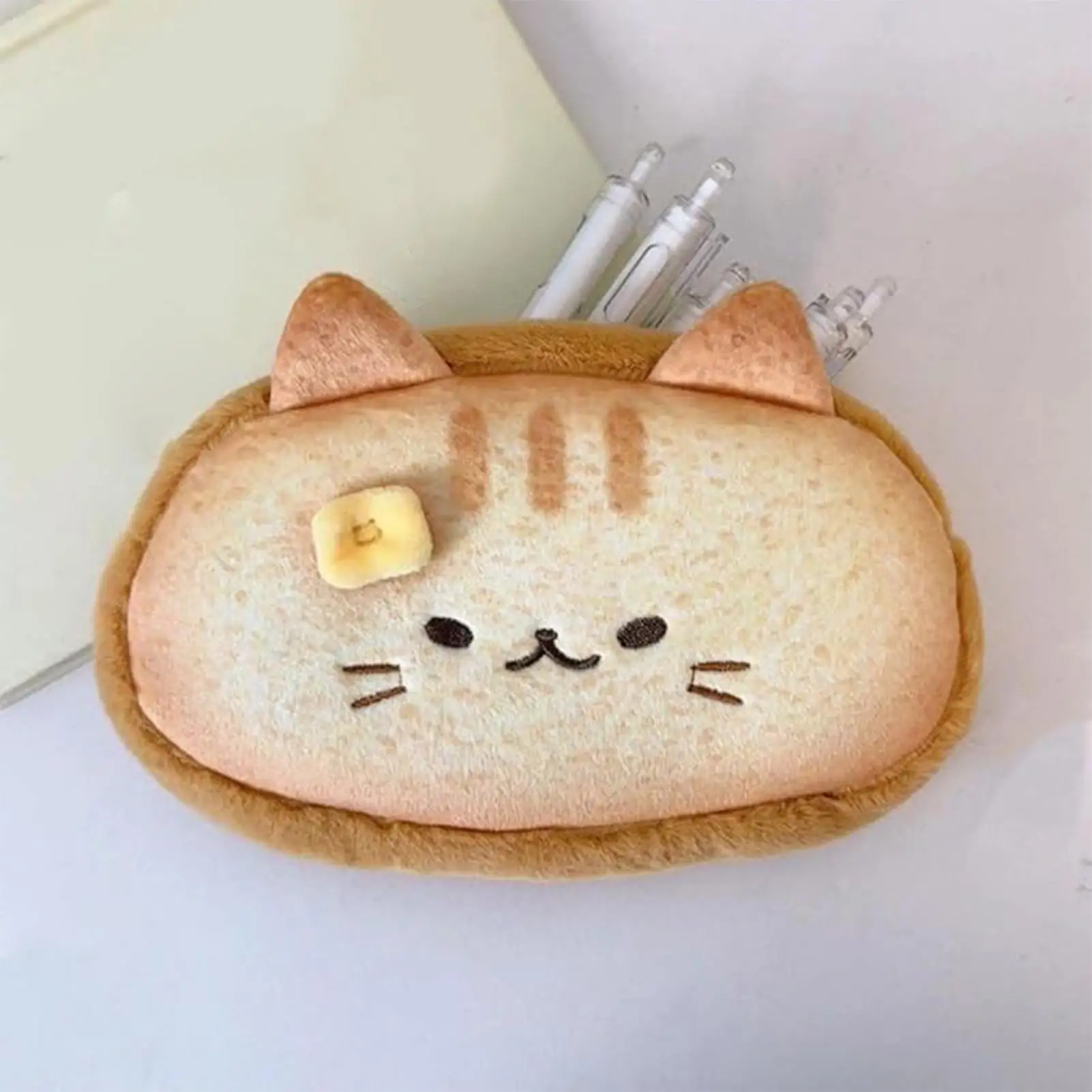 Estuche para lápices de gato, estuche para lápices escolares con diseño de tostada, organizador de felpa, bolsa estética para mochila, guardería, escuela, niños y adolescentes