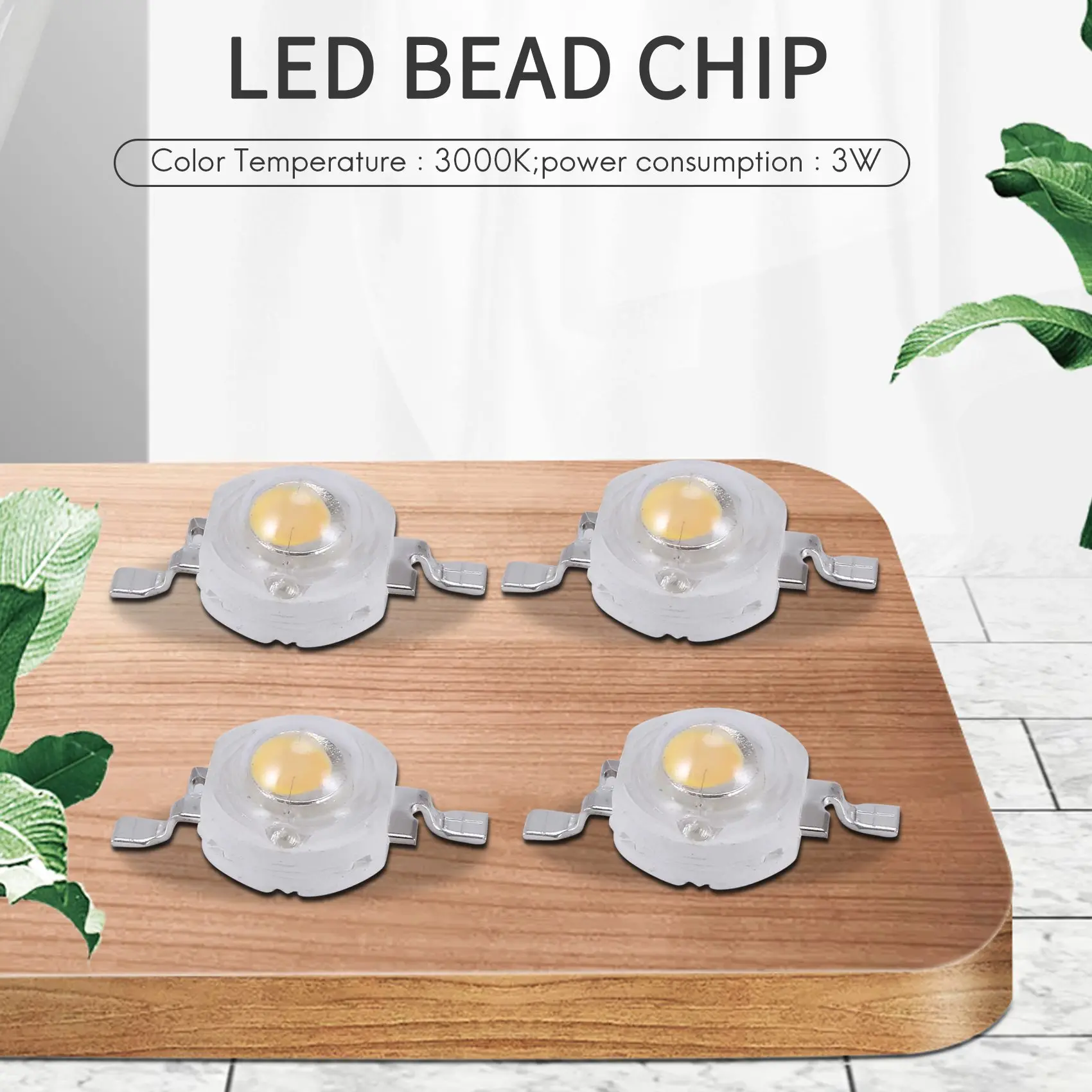 따뜻한 흰색 LED 비드 이미터, 고출력 2 핀, 3W, 100-110Lm, 10 개