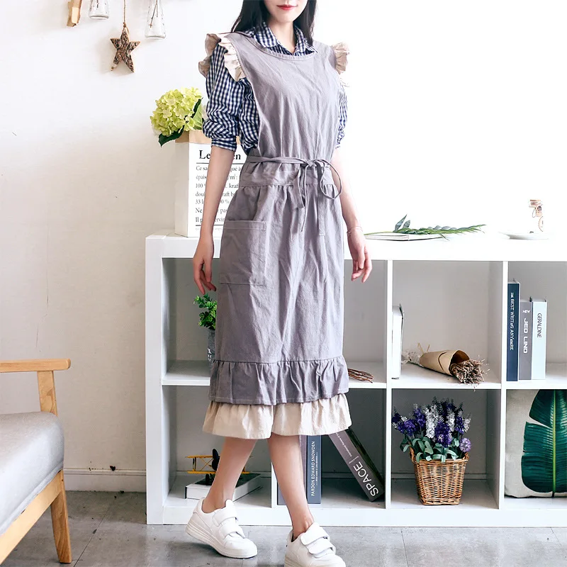 

Двухцветный деревенский фартук из хлопка и льна в стиле ретро с рюшами для женщин, милая садовая рабочая одежда H1