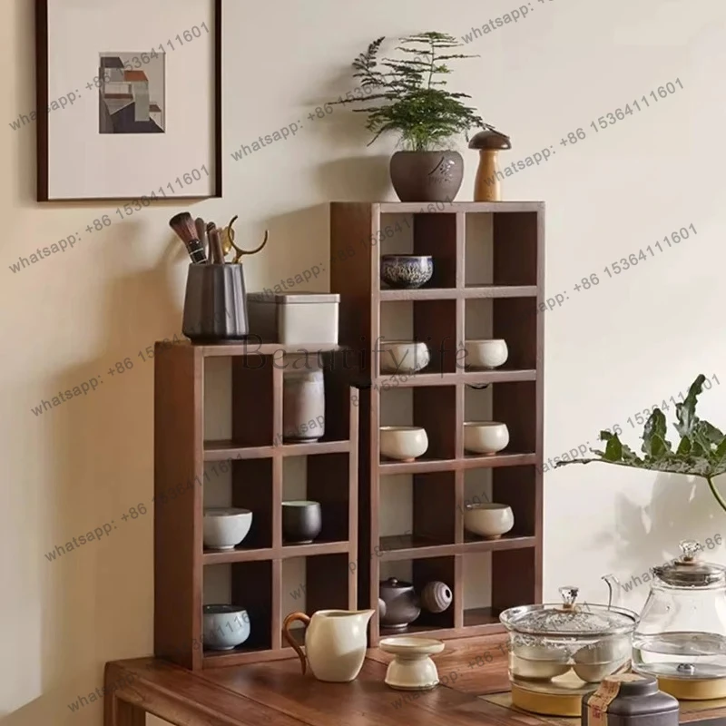 Solid Wood Grid Rack Square Grid Cup Holder Storage Rack Desktop Organizer Living Room Countertop Dining Side Tea Cup Divider