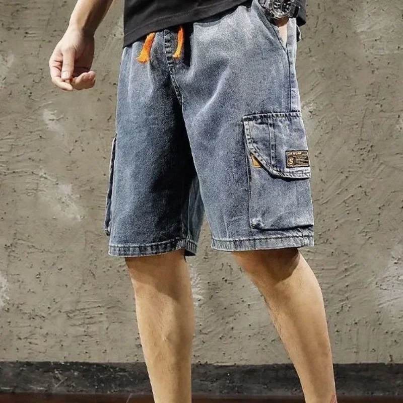 Male Denim Shorts Big Size Cargo Drawstring Men\'s Short Jeans Pants Oversize Summer Cut Xl Stretch Original Thin Popular Blue