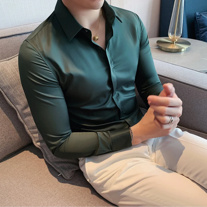 New Men's Shirt Luxury Repair Ball Gown Slim Solid Color Long Sleeve Shirt Streetwear