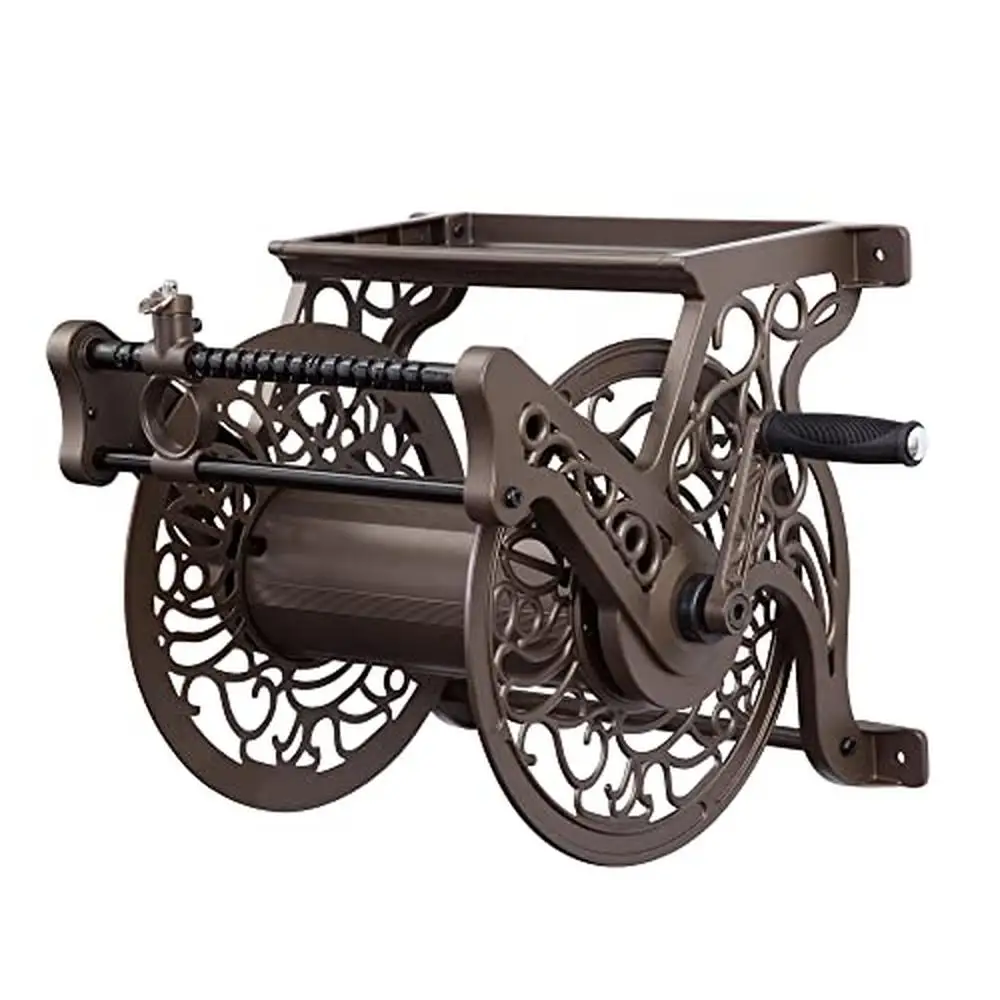 Decorative Wall Mount Garden Hose Reel Holder Shelf Cast Aluminum Rust Resistant 125 ft Hose Capacity Leader Hose Bronze