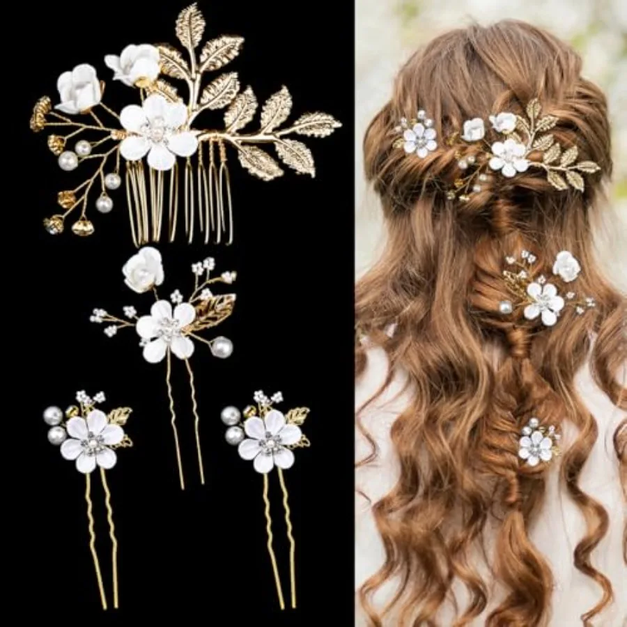 

4 Pieces Wedding Flower Hair Pins Pearl Rhinestone Bridal Hair Combs Vintage Hair Forks Wedding Hair Accessories Headpiece Hair
