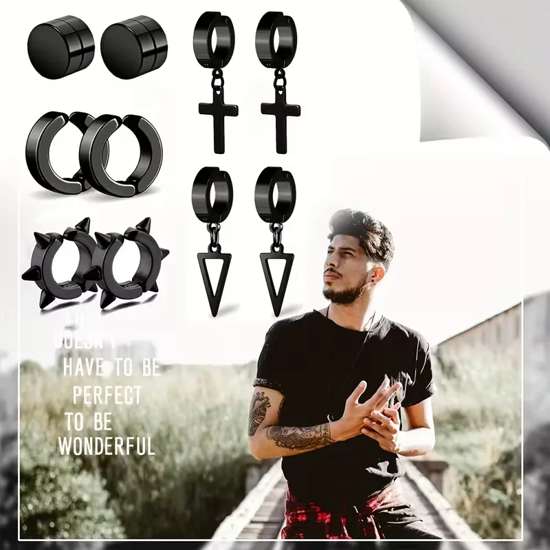 5 Pairs Simple Stainless Steel Magnetic Stud Earrings For Men, Cross Pendant Ear Clips, Cool Non Pierced Earrings