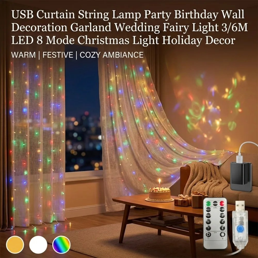 USB Curtain String Lights 8 Modes 3/6M LED for Party, Birthday, Wedding, Christmas Wall Decoration, Garland, Holiday Decor