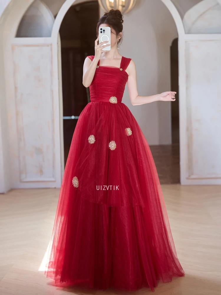 Elegant Red A Line Prom Wedding Dress Korea Photo Shoot Square Collar Floor Length Evening Party Gown Corset Back Customized